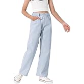 thefabland Girls Casual Denim Pants High Waisted Wide Leg Jeans with Pocket