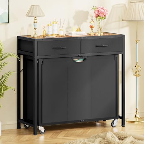 FIONESO Rolling Laundry Basket with 3 Section Pull-Out Bags, Laundry Hamper with 2 Drawers, 2-Tone Top Panel Laundry Sorter, Laundry Basket Organizer with Wheels, Laundry Room, Bathroom, Black
