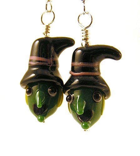 Witch Earrings for Halloween Green Face and Black Hat Glass Choice of Ear Wires