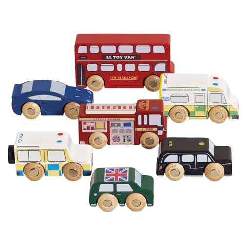 Le Toy Van London Car Set Premium Wooden Toys for Kids Ages 3 Years & Up (TV267), 7-pk