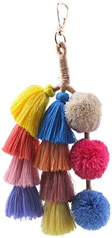 GJF Bohemia Colorful Pompom Tassel Bag Charm Pendant Keychain Key Ring Fashion Accessories For Women Girls Autumn Winter Series Purse Handbag Tote Backpack Cellphone Decoration