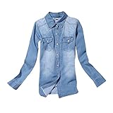 Urparcel Women Blue Denim Shirt Vintage Button Top Down Shirt Long Sleeve Blouse