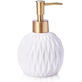 Ceramics Gold Soap Dispenser for Bathroom, Round Soap Dispenser with Delicate Embossed Rhombus Design (White)