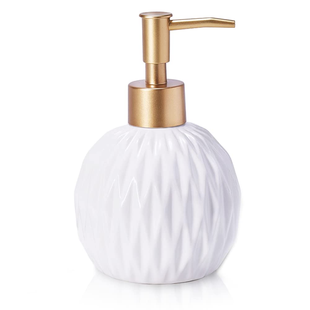 Ceramics Gold Soap Dispenser for Bathroom, Round Soap Dispenser with Delicate Embossed Rhombus Design (White)