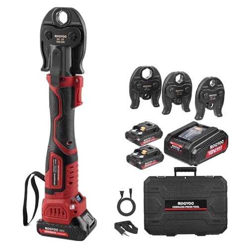 ROGVOC ProPress Tool, 18V Copper Pipe Crimper with 3 VUS Jaws | Includes 1/2, 3/4 and 1 inch jaws, two 2 Ah batteries, fast charger and carrying case