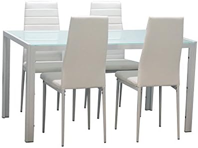 EBS 5 Piece Dining Table Set with Glass Table Top, Padded PU Leather Chairs for 4 and Metal Frame Table for Dining Room Kitchen Furniture, White