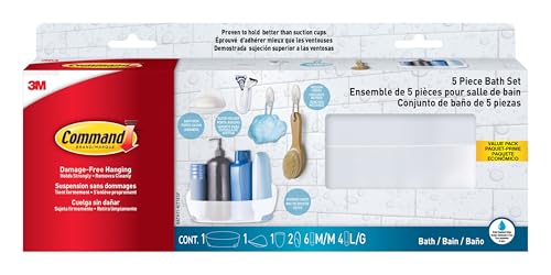 Command badkameraccessoireset, 5-delig: 1 douchemandje, 1 zeepbakje, 1 tandenborstelhouder en 2 haken met waterbestendige Command-strips