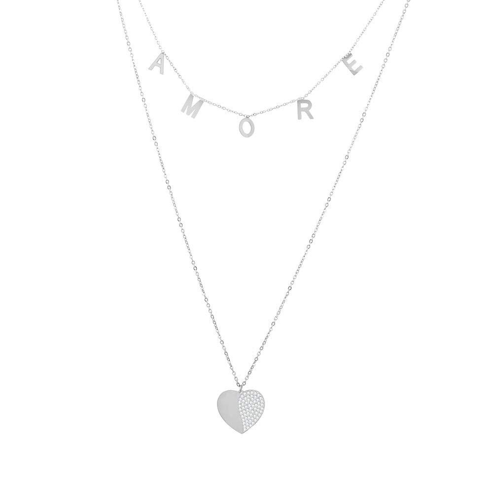 Stainless Steel Necklace for Women Amore Letter Pendant Love Pendant Shining Crystal Double Women Necklace Exquisite Jewelry for Mom, Lover's Gift