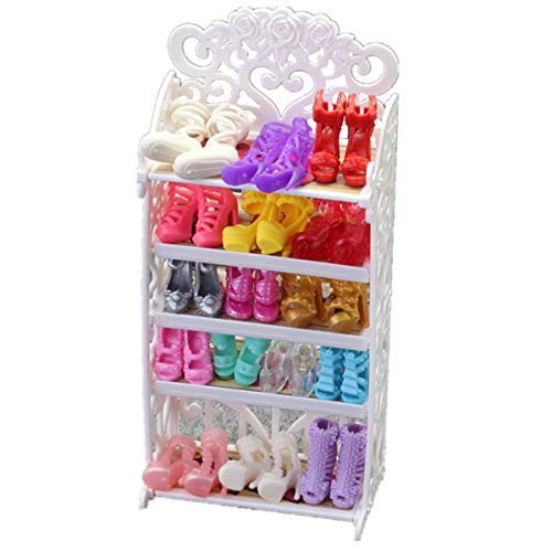 DoubleWood 1 Doll Shoes Rack + 20 Pairs Doll Shoes Replacement Playset Accessories Different Assorted Colors High Heel Boots Sandals Doll Shoes Set for 11.5 Inch Girl Doll