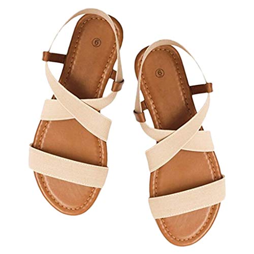 Women's Elatica Elastic Ankle Strap Flat Sandals Low Heel Beach Shoes Cross Strap Sandals Peep-Toe Sandals Beige - Thumbnail 3
