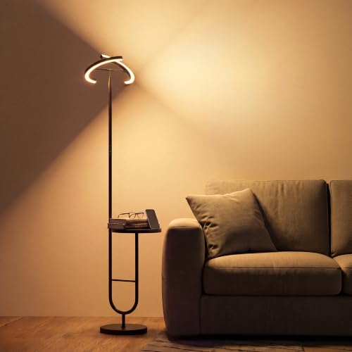 Modern LED Floor Lamp for Living Room, 36W Dimmable Standing Lamp with Side Table, 175cm Tall Black Floor Lamp, Remote & Touch Control, 360° Adjustable Head for Bedroom Sofa Reading Corner AVEN MF19