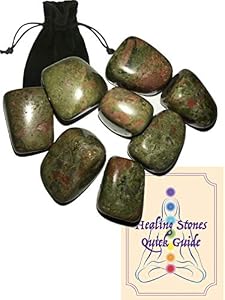 Image of AYB Products Eight (8) Tumbled Unakite Gem Stones Approx. 20-25mm ea Healing Gem Stones Emotions Self-Confidence Balance Relaxation Psychic Powers with Black Pouch and Healing Stone Quick Guide