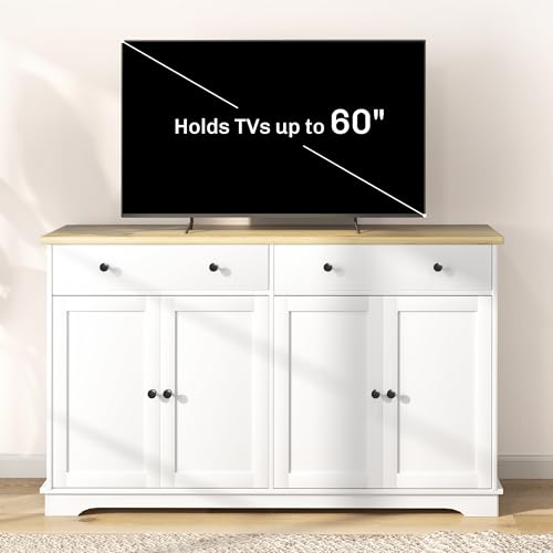 HOMCOM Sideboard Buffet Cabinet with Storage, 55" Kitchen Cabinet with Adjustable Shelves, 2 Drawers and 4 Doors, Coffee Bar Cabinet with Rubberwood Tabletop, White
