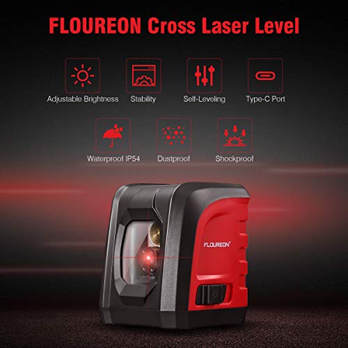 FLOUREON Laser Level Self-Leveling Horizontal and Vertical Cross-Line Laser, Tripod Mount Base, IP54 Waterproof, Dustproof, Shockproof, Dual Ways to Charge (Battery & Type C Included) ...
