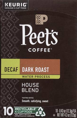 PEET’S COFFEE, DARK ROAST DECAFFEINATED COFFEE K-CUP PODS FOR KEURIG BREWERS – DECAF HOUSE BLEND 10 COUNT (1 BOX OF 10 K-CUP PODS) PACKAGING MAY VARY