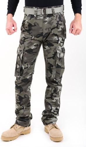 Tnm Man's Camo Dark Grey Cargo Pants with Belt, Inseam 30