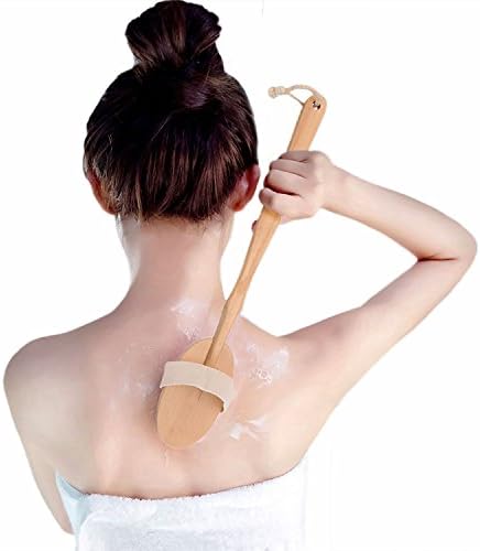 Wooden Shower Body Brush with Boar Bristle Made By Mira with Detachable Hand Grip Handle, Perfect for Dry Skin Brushing, Shower and Bath, an Essential for Cellulite Reduction, Skin Exfoliation (Wood)