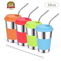 ShineMe Stainless Steel Drinking Cups with Lids and Straws, 4 Pack Reusable 16oz Tumblers with Brush for Adults, Kids and Toddlers, Apply to Parties, Dining, Outdoor