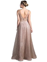 Meier - Vestido formal de tul con purpurina para mujer, cuello en V doble