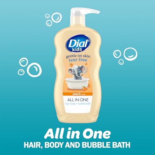 Dial Kids All-in-1 Body + Hair + Bubble Bath, Peach Scent, 32 Fl Oz, Hypoallergenic Body Wash & Shampoo, No Tears Formula for Kids 2+ Years, No Parabens & Silicones