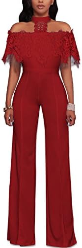 Misschicy Womens Sexy Off Shoulder Halter Lace Wide Leg Pants High Waist Jumpsuits Rompers Casual Playsuit