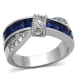 Ring Stainless Steel Princess Shape Blue Sapphire Simulated Cubic Zirconia Wedding Women's Non-Tarnish size 8