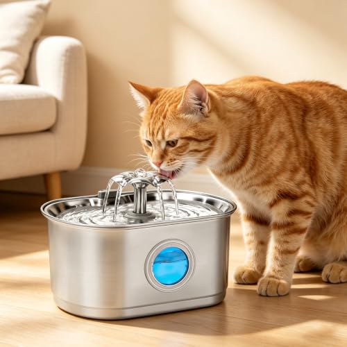 Mstail Fonte de Água pra Gato, Bebedouro para Gatos Silenciosa Inox Carvão Ativado LED Indicador Fonte De Água para Cães e Gatos (3,2L, TY50)