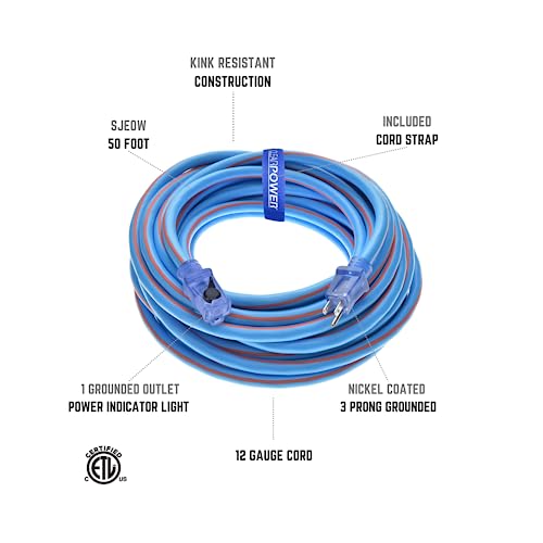 Clear Power 50 ft 12/3 SJEOW TPE Rubber Heavy Duty Extension Cord with Lighted Locking Connector