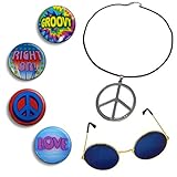 NorNovelties Hippie Costume Accessories - Peace Sign Necklace 4 Buttons Groovy Glasses 6 Piece Set