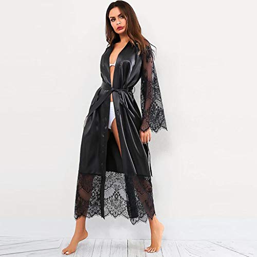 Womens Lace Trim Kimonos Robes Long Satin Gown Bathrobe Sleepwear Lace Sleeve Loungewear with Belt Black - Thumbnail 5