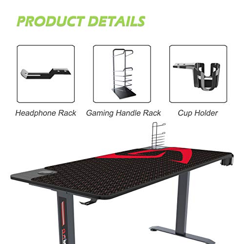 Soges 60 inch Gaming Desk Computer Gamer Desk with Large Mouse Pad T-Shaped Desk PC Computer Desk Computer Workstation with USB Handle Rack, Cup Holder & Headphone Hook Black TN-I60-BK