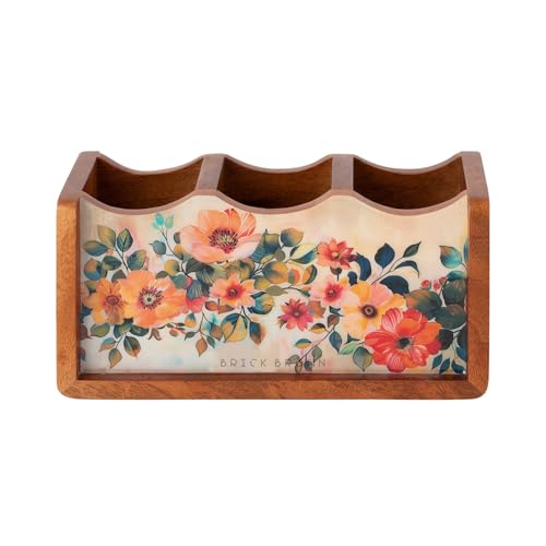 Brick Brown ® Premium Wooden Pastel Flora Cutlery Holder Spoon stand for kitchen | cutlery holder for dining table | wooden caddy storage organiser stand with 3 section Caddy holder (8.2x4.2x4 inch)