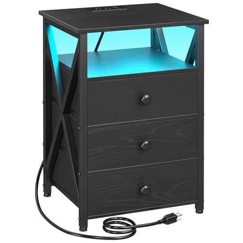 AMHANCIBLE LED Nightstand with Charging Station, Smart End Side Table with USB Port & Power Outlet, Bedside Table with Fabric Drawers for Bedroom, Living Room, Black, HET053LBK1