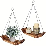 Estantes flotantes de madera de Modern Living - Juego de 2 estantes colgantes de madera maciza Decoración de granja - Estante de planta colgante Boho - Estantes de cuerda triangular para baño, dormitorio, cocina, para pared