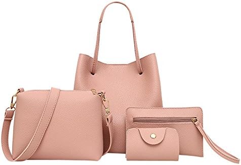 NEARTIME Handbags for Women 4Pcs Leather Handbag+Crossbody Bag+Messenger Bag+Card Package Purse (25cm(L)×17cm(W)×24cm(H), Pink)