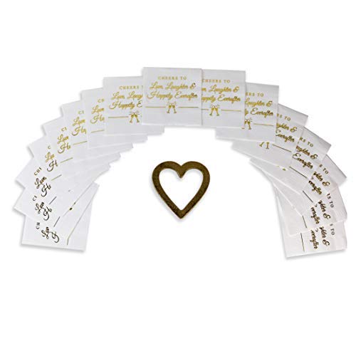 Napkins for Weddings, Rehearsal Dinners, More -"Cheers to Love, Laughter & Happily Ever After" Gold Lettered White Cocktail Napkins, 4.9 sq. in. Fancy Beverage Napkins & DecÃ³r by Bollepo (50)