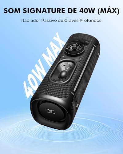 Caixa de Som Bluetooth Portátil GoFree2, Caixinha de Som Potente de 40W Máx com Graves Profundos, IP67 à Prova D'Água, 12H Bateria, Conexão USB e Bluetooth 6.0, Luzes LED para Praia, Piscina e Outdoor