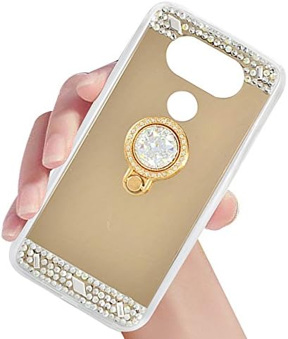 LG V30 Case,LG V30S Case,LG V30 Plus Case,XIHUA Luxury Crystal Rhinestone Soft Rubber Bumper Bling Diamond Glitter Mirror Makeup Case with Ring Stand Holder for LG V30/V30 Plus/V30S (2017)-Gold