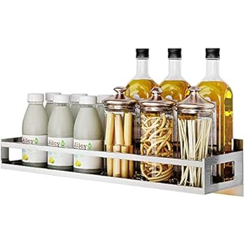 Junyuan Wall Mount Spice Rack Storage Organizer, Kitchen Seasoning Hanging Rack for Pantry Herb Jar Bottle Cans Holder Cabinet Shelf Storage, Bathroom Shelf-Space Saving, Durable-Stainless (19.8)