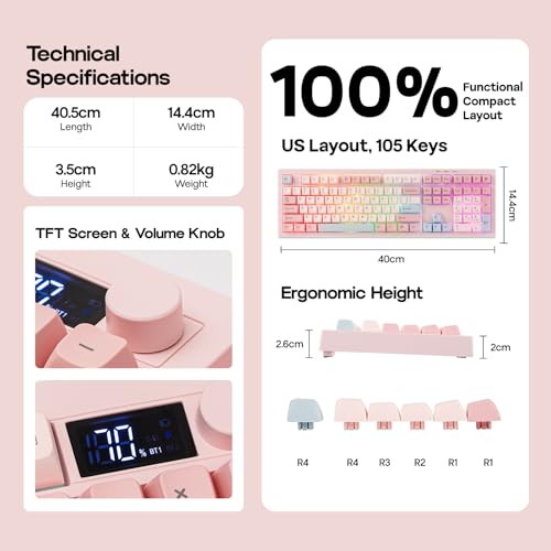 EPOMAKER AULA S102 PRO Wireless Membrane Keyboard with TFT Screen and Number Pad, 2000mAh, RGB Backlit, Media Knob, 105 Keys, Full Size Wireless Gaming Keyboard (Pink)