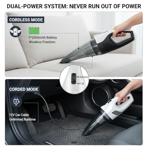 Dual-Power Car Vacuum Cleaner (Cordless Battery + 12V Car Cord), 8000Pa Strong Suction, Portable Handheld Vacuum with LED Light, Type-C Charging, Wet & Dry Mini Duster for Car Interior, Home&Pet Hair