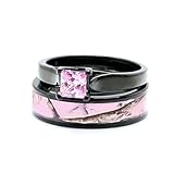 Pink Women`s Black Titanium Camo and Stainless Steel Princess Engagement Wedding Rings Set
