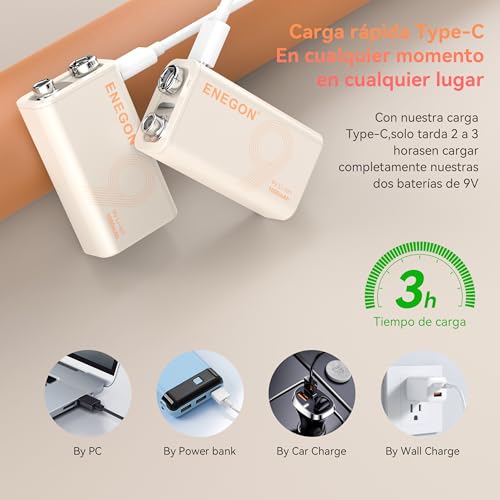 ENEGON 4 Pila 9V 1000 mAh Bateria 9V Recargable para Dispositivos de Precisión como Multímetros Portátiles, Detectores de Humo y Micrófonos, Incluye Cable de Datos Tipo C