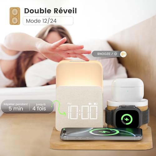 COLSUR 7 in 1 Induction Charger for Apple Watch iPhone AirPods, Samsung Charging Station, Bedside Lamp, Touch Room, Alarm Clock, Phones Accessories Wireless 17/16/15/14/13, Room Decoration