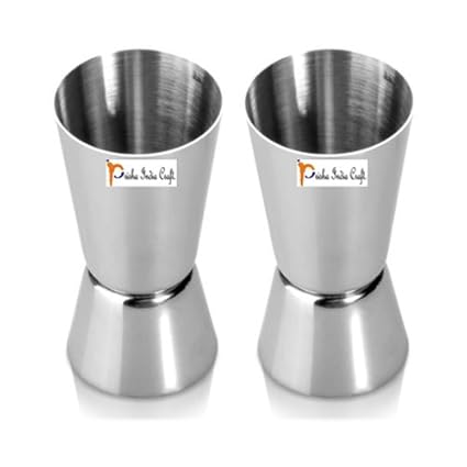 Prisha India Craft Stainless Steel Jigger Shots Peg Measurer Capacity-75 ML and 25 ML Double Sided Peg Measure | Set of 2