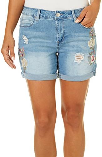 Royalty by YMI Womens Embroidered Destructed Denim Shorts 12 Light wash