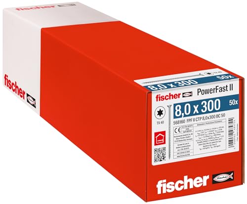 fischer PowerFast II CTP 8,0 x 300, kraftvolle Holzbauschraube mit Senkkopf, Innenstern-Aufnahme und Teilgewinde, für den konstruktiven Holzbau, 50 St