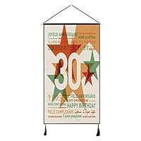 DJKMI 30th Birthday Decorations Stylish Hanging Poster,Happy Birthday Celebration in Different Languages from The World for Living Room Bedroom,13" W x 47" H
