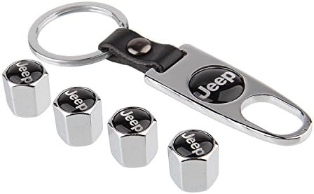 eXeAuto Silver Tire Valve Stem Air Caps Cover and Keychain Combo Set for Jeep?Black logo?