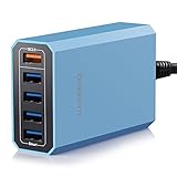 Lumsing Quick Charge 2.0 40W Multi-Port USB Desktop Charging Station Dock with Smart IC Technology, 1 Port QC2.0 + 4 Port with Smart IC Technology, 5 Port USB Desktop Charger for SmartPhones Blue